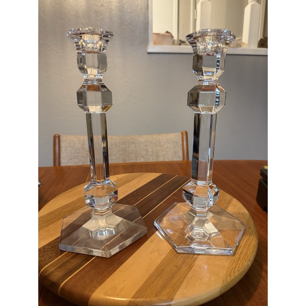 Val St. Lambert Gardenia Clear Crystal Tall Candlesticks Pair 9.5" Belgium